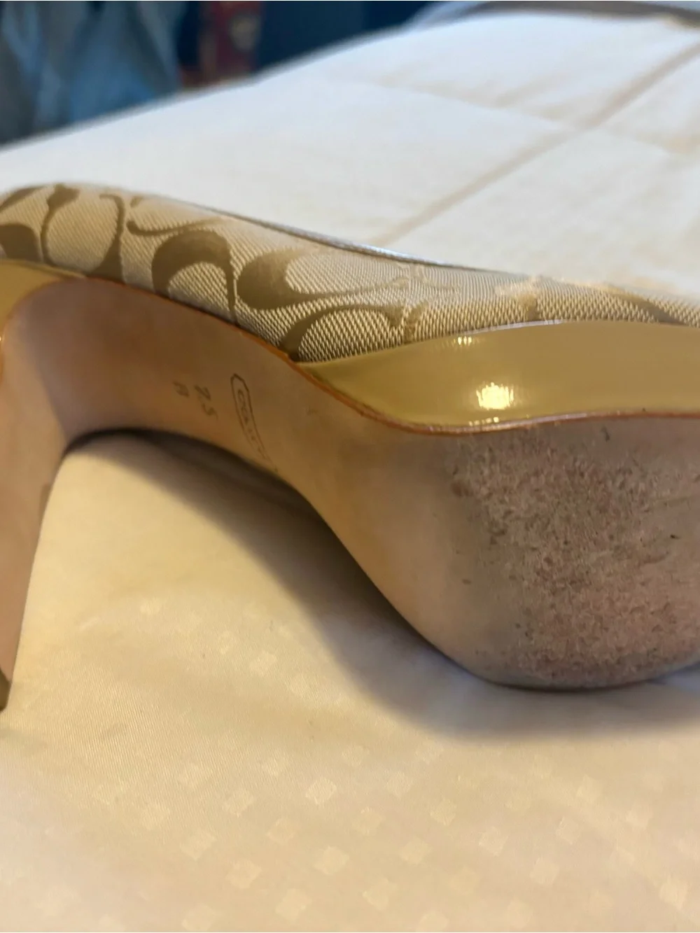 Coach Breana Signature Canvas Peep-Toe Platform Pumps in Light Khaki Sand 7.5